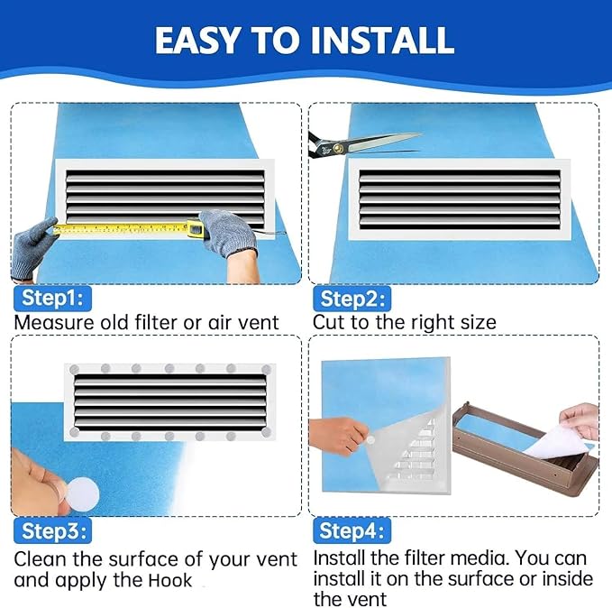 20''x90'' Air Vent Filters, High Air Flow Cut to Size(80+Filters) MERV 8 Electrostatic Floor Vent Filter for Floor Registers, RV, AC, Ceiling, Grilles and Wall HVAC Furnace Vents, 48PCs Adhesive Hook
