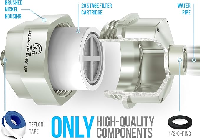 AquaHomeGroup 20 Stage Shower Filter - Reduces Chlorine, Heavy Metals and Sediment - Vitamin C and E - High Output - Universal Fit - Brushed Nickel