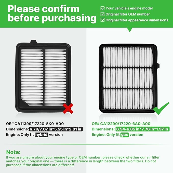 Engine+Cabin Air Filters Set Fit for Honda Accord (Gas Only, L4 1.5L) 2018 2019 2020 2021 2022 (Not For 2.0 Hybrid) Engine Air Filter for My Car Replace CF10134 CA12290