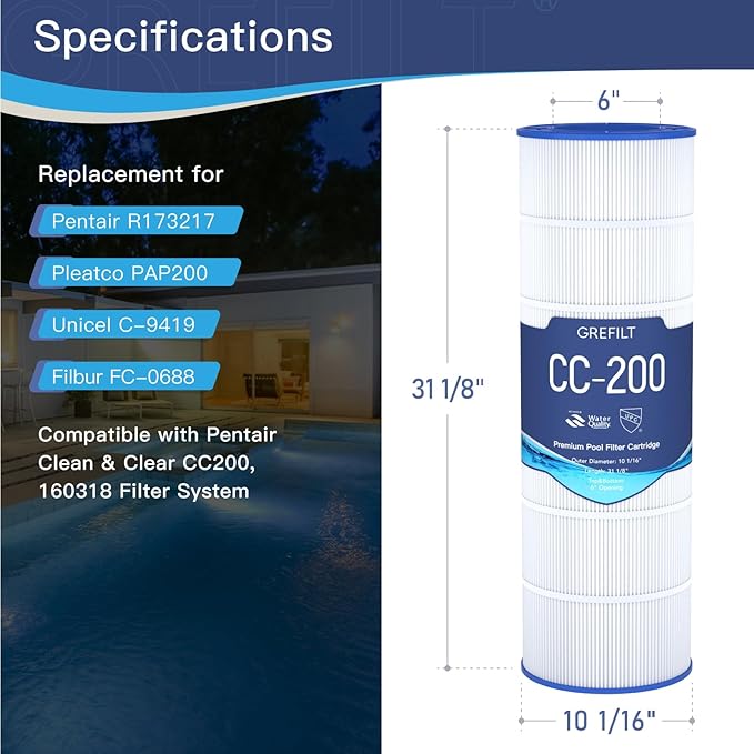 CC200 Pool Filter Cartridge, Compatible with Pentair Clean & Clear 200, Replaces Pentair R173217, Pleatco PAP200, Unicel C-9419, Filbur FC-0688, 200 sq.ft