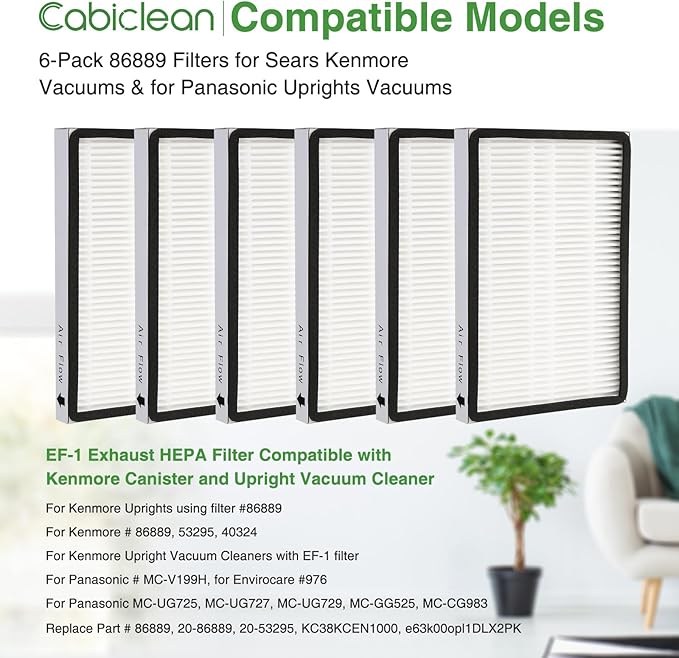 6-Pack 86889 Filters for Sears Kenmore EF-1 Vacuums & Panasonic Uprights Vacuum Cleaner For Kenmore Canister and Upright Vacuum Cleaner Part # 86889, 20-86889, 53295, 40324