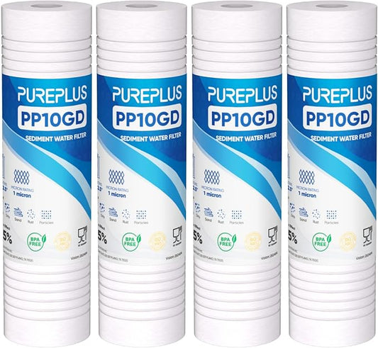 PUREPLUS 1 Micron 10" x 2.5" Whole House Grooved Sediment Home Water Filter, Replacement Cartridge for 10 inch RO Pre-Filter & RV Housing, AO-WH-PREV-R2, AP110, WHKF-G05,AB-SGR5M, GXWH20S,CFS10, 4Pack