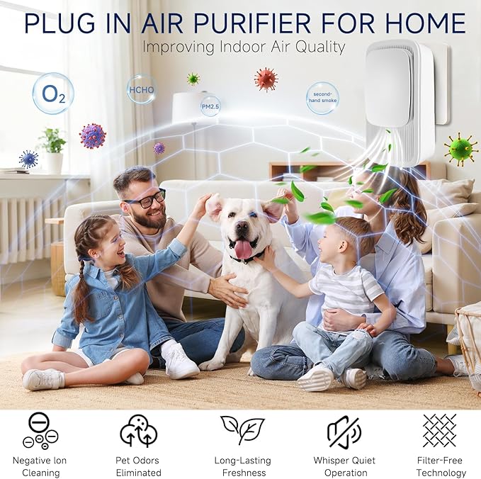Plug In Air Ionizers - 2 Pack Quiet Negative Ion Air Purifier, Air Fresheners for Home, Bedroom, Office, Kitchen - Portable Air Purifiers Portable Odor Eliminator for Smoke, Dust, Pet Smell