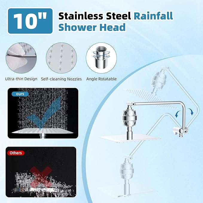 Filtered Shower Head, 10" High Pressure 10-Spray Handheld/Rainfall Shower Head Combo with 20 Stage Shower Filter, 11" Shower Extension Arm, 71" Hose, Shower Head Holder, Chrome