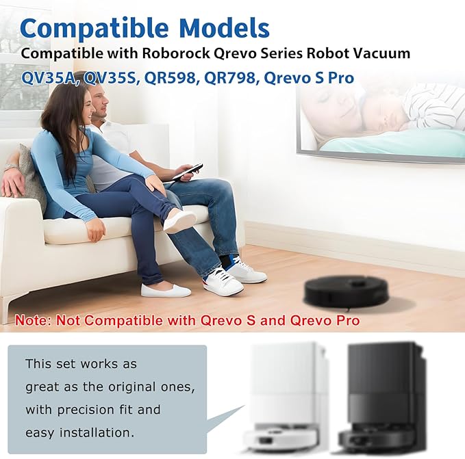 Accessories Replacement Kit for Roborock Qrevo Serie - QV 35A/QV 35S, Qrevo S Pro, QR 598/QR 798 Robot Vacuum, 1 Main Brush, 4 Mop Clothes, 2 Filters, 4 Side Brushes, 6 Dust Bags