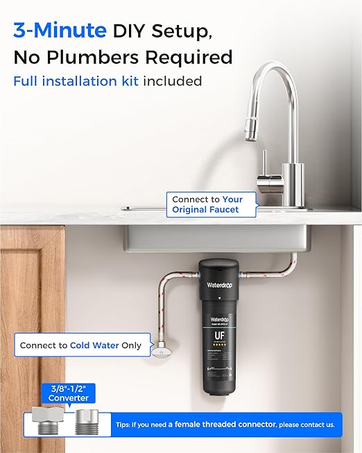 Waterdrop 10UA-UF 0.01 μm Ultra Filtration Under Sink Water Filter System, 1 Year, Reduces Lead, Chlorine, Bad Taste & Odor, Connects Directly to Your Faucet