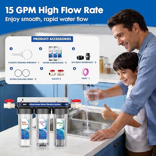 Whole House Water Filter System, 3 Stage Whole Home Water Softener System, Reduces Chlorine, Taste,Iron,Scale,Lead with Heavy Metal and Anti-Scale Filter, Includes 3 Sets Filters (2 Years use), 3/4”