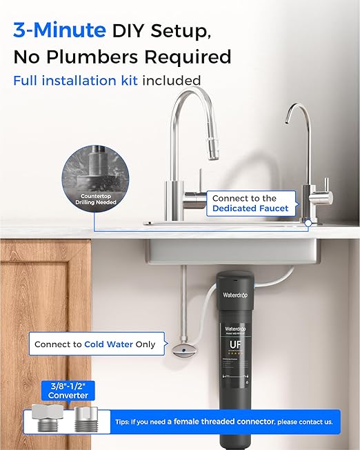 Waterdrop 15UB-UF 0.01 μm Ultra Filtration Under Sink Water Filter System, Reduces Lead, Chlorine, Bad Taste & Odor, with Dedicated Brushed Nickel Faucet, 2 Years