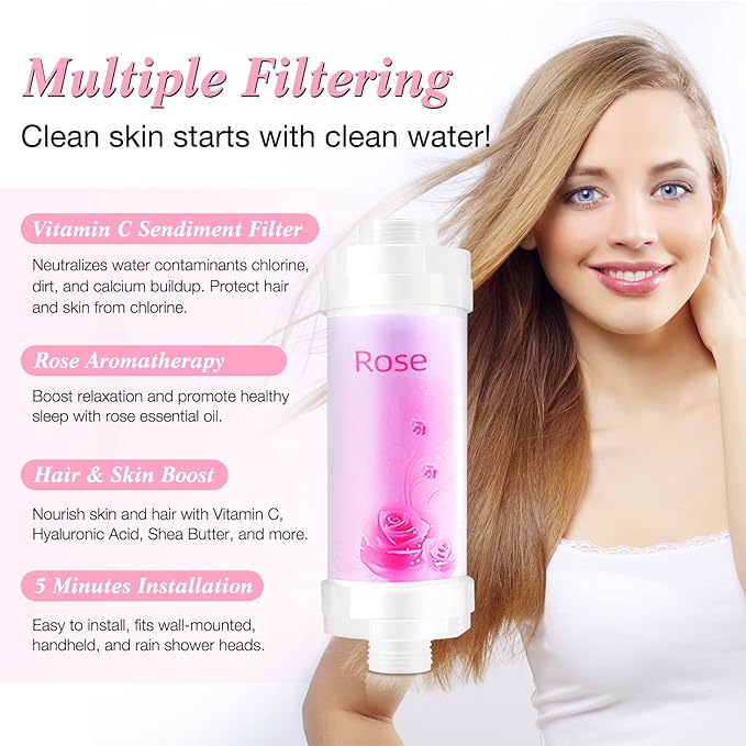 Vitamin C Shower Filter for Hard Water, Shower Head Filter to Chlorine Fluoride Sediment, Water Purifying Filtered Shower Head with Beads, Helps Dry Skin & Hair Loss, Easy Installation (Rose)