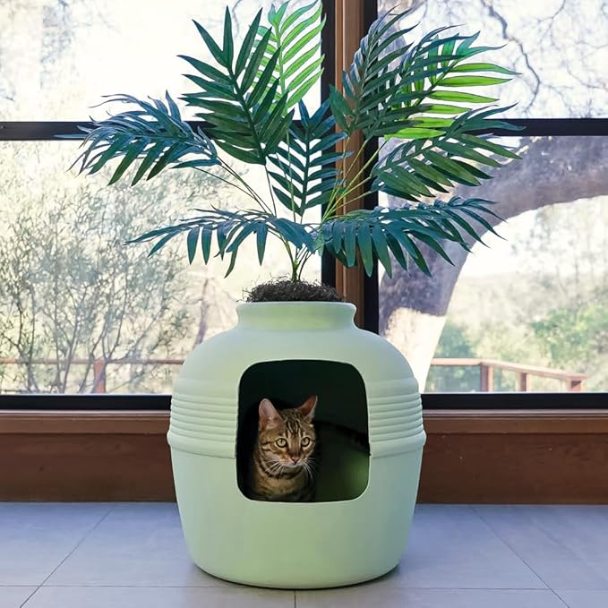 Good Pet Stuff Hidden Litter Box Planter, Decorative Cat Litter Enclosure with Carbon Filter & Faux Plant, Made in USA, Odor Control, Improved Design, NEW Round Style, Base Kit, Sage Green