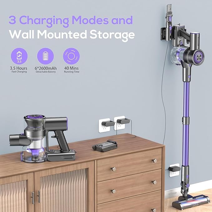 MBTTODF Cordless Vacuum Cleaner for Home & Pet Hair – Lightweight Stick Vacuum with 40-Min Runtime, Anti-Tangle Brush & LED Headlight, for Hardwood, Carpet & Tile(Yellow-Purple)