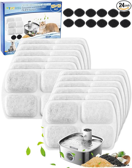 12+12 Pack Filter Replacement Compatible with FEELNEEDY 8L Dog Water Fountain FN-W18, Water Fountain Filters, Dog Water Replacement Filters, Pet Fountain Filters with Pump Sponges for Pet