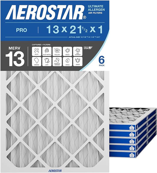 Aerostar 13x21.5x1 MERV 13 Pleated Air Filter, 6 Pack, AC Furnace Filters, HVAC Filter, Air Conditioner Filters, Heater Filters Replacement for Home (Actual Size: 12.875x21.5x0.75)