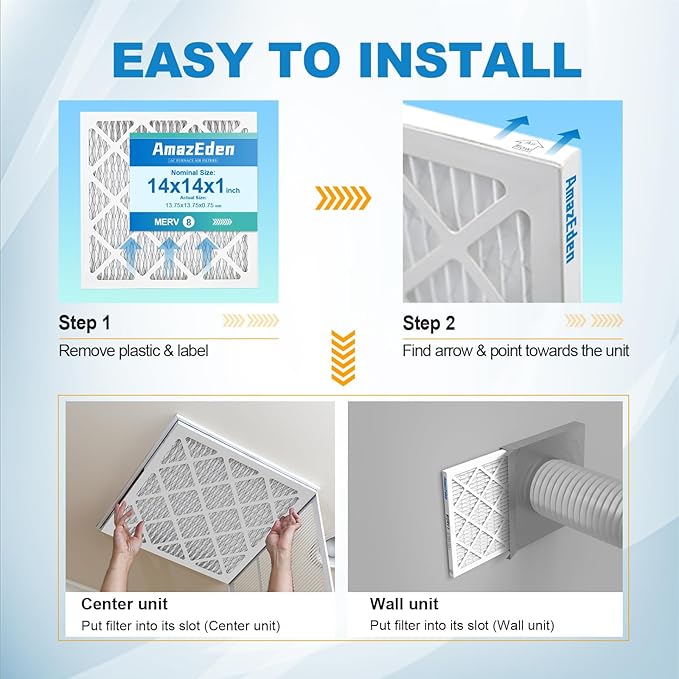 14x14x1 Air Filter 4 Pack MERV 8 AC Air Filters 14x14 Furnace Replacement Filter Pleated Dust Defense for Home Office MPR 600 FPR 5 (Actual Size: 13.75x13.75x0.75 Inches)