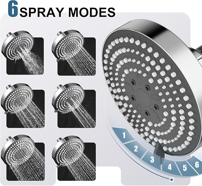 OFFO Shower Head, High Pressure Shower Head with 6 Mode, Fixed Showerheads for Strong Water Flow & Relaxing Shower Experience, Chrome