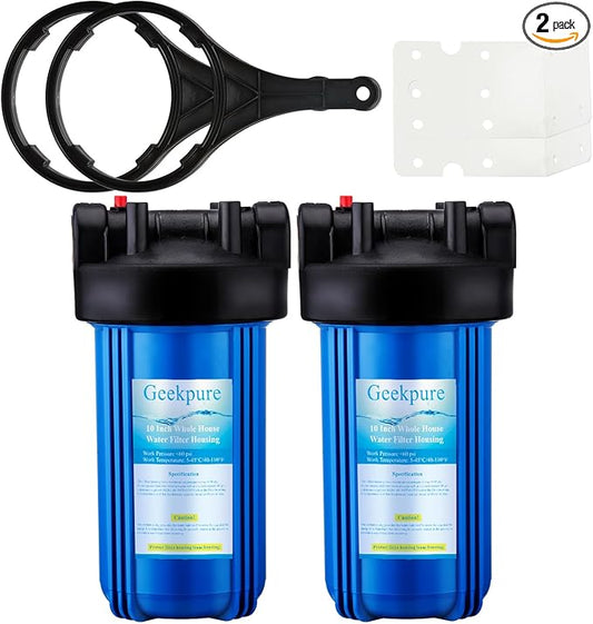 Geekpure 10-Inch Whole House Water Filter Housing 4.5"x10"1-Inch Outlet/Inlet with Wrench and Bracket-Blue Color -Pack of 2