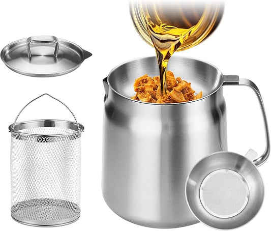 119oz 304 Stainless Steel Deep Fryer Pot with Basket & Strainer, Large Capacity Bacon Grease Container for Kitchen,Frying, Cooking, Camping,Oil Filter Container - Dishwasher Safe (119oz/3.5L/3.7Qt)