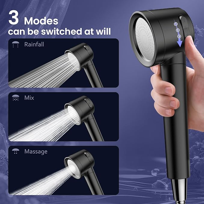 Ion Drops Filtered Shower Head with Handheld, High Pressure Shower Heads with 3 Spray, Showerhead with Filters Hand held for Hard Water, Remove Chlorine, Reduces Dry Itchy Skin (Black)