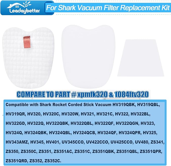 Leadaybetter HV343amz Filter Replacement for Shark Rocket DeluxePro Zero-M Ultra-Light HV345 HV343 ZS350 ZS351 ZS351C ZS352 UV480 HV322 HV320 Corded Stick Vacuum, Part # XPMFK320 & 1084FTV320 (8 Pack)