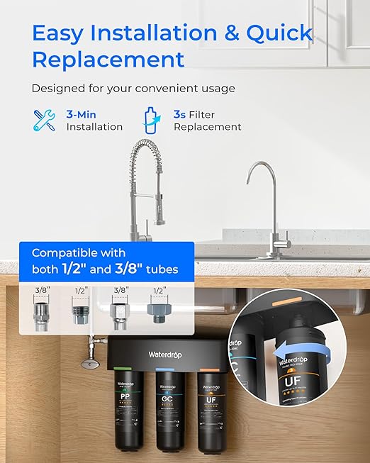 Waterdrop TSB-UF 0.01 μm Ultra Filtration Under Sink Water Filter System, 9 Layer Under Sink Water Filtration System, Reduces Chlorine, Fluoride, Taste&Odor, with Dedicated Faucet, Easy Installation