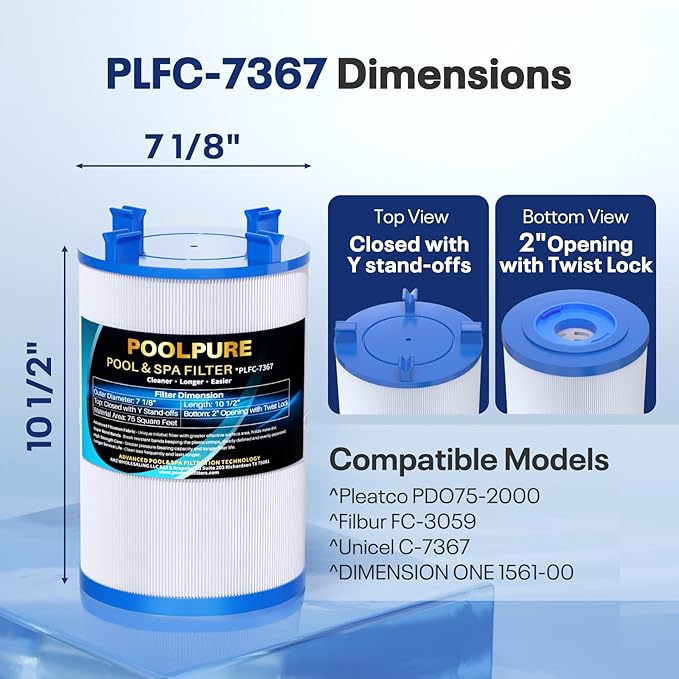POOLPURE C-7367 Spa Filter Replaces PD075-2000, Dimension One 1561-00, Filbur FC-3059, Excel Filters XLS-7005, Aladdin 17541, Baleen AK-60035, 75 sqft Hot Tub Filter Cartridge 2PACK