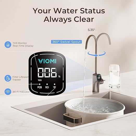 VIOMI V6 Pro Reverse Osmosis System, 600 GPD Tankless RO Water Filter System, Under Sink RO, 9-Stage Filtration, 3:1 Pure-to-Drain, Reduce TDS, NSF/ANSI 42, 53, 58, and 372 Certified, Smart LED Faucet