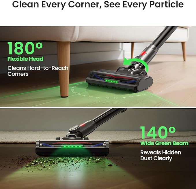 Xlife Cordless Vacuum Cleaner 45KPa 550W for Pet Hair & Multi-Surface Greenlight Reveal Dust 7-Stage HEPA Filter Long Runtime Anti-Tangle Roller Adjustable Stick Lightweight