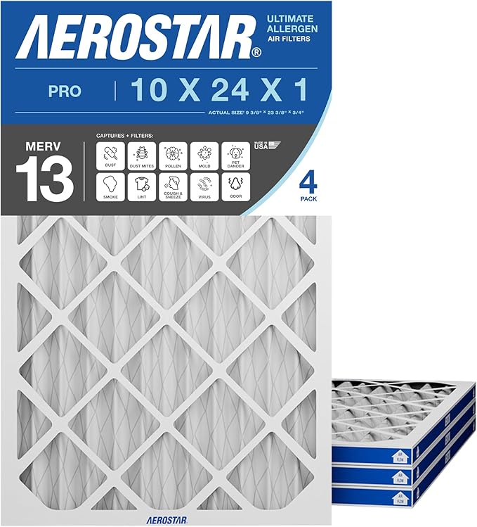 Aerostar 10x24x1 MERV 13 Air Filter, Pleated AC Furnace HVAC Filters (9.375x23.375x0.75), for Allergies Asthma Dust Pet Dander Pollen Smoke Bacteria, MPR 1200 FPR 7, USA, 4 Pack
