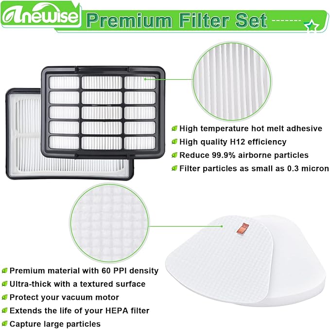 Anewise Replacement Filters for Shark Navigator Lift-Away XL CU510, CU512, CU500, CU520 Deluxe NV350, NV351, NV356E, NV360, NV352, NV355, NV358, ZU503AMZ, 4 + 2 Filter, Replace Parts #XHF350 & XFF350