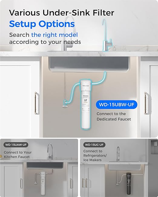 Waterdrop 15UBW-UF 0.01 μm Ultra Filtration Under Sink Water Filter System, Reduces Lead, Chlorine, Bad Taste & Odor, with Dedicated Brushed Nickel Faucet, 2 Years