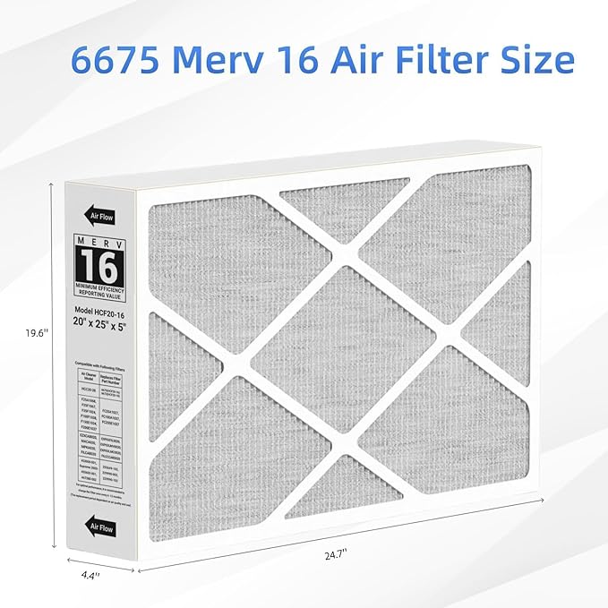 6675 Merv 16 Air Filter 20x25x5 Efficient Air Filter Compatible with Lennox 6675 and Lennox HCC20-28 Furnace HVAC System, Part Number HCF20-16, 2 Pack