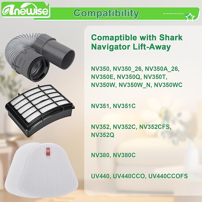 Anewise Vacuum Hose Filter Replacement Part for Shark Navigator Lift-Away Deluxe Vacuum NV352 NV350 NV351 NV380 UV440, 1 Nozzle Hose + 2 Pre-Felt + 1 Hepa Filter, Parts #193FFJ & XHF350 & XFF350