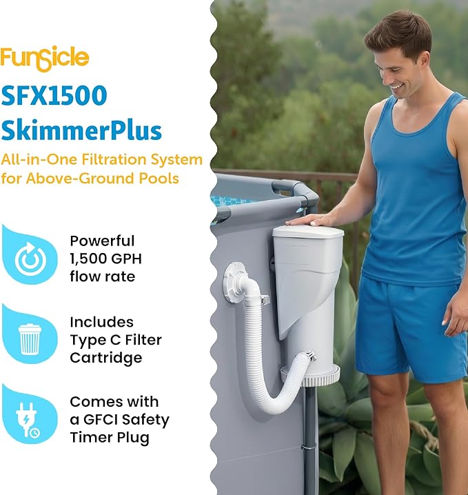 Funsicle SkimmerPlus 1,500 GPH 2-in-1 Filter Pump and Skimmer System for Above Ground Swimming Pools - Pool Cleaning and Maintenance