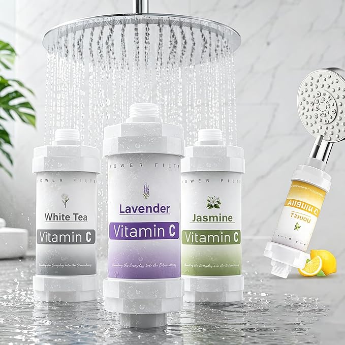4PCS Vitamin C Shower Filter for Hard Water Filter Shower Aromatherapy Bathroom Accessories Fixed Handheld Showerheads Bathtub Faucet Remove Chlorine Fluoride Heavy Metals Lemon Jasmine Lavender Ocean