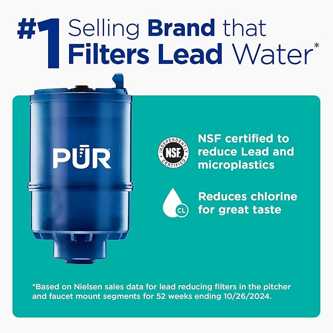 PUR Plus Vertical Faucet Mount Water Filtration System, Lead-Reducing Filter, Great-Tasting, Easy Install, Lasts 100 Gallons, Faucet Water Filter, Compatible with Sinks with External Aerators, Chrome