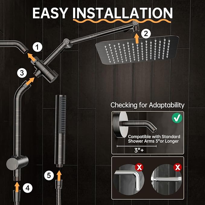 Veken All Metal 10" Oil Rubbed Bronze Shower Head with Handheld, Luxurious Square Double Rain Shower Heads with Power-wash Hand Held, Dual High Pressure Detachable Rainfall Showerhead,Bathroom Upgrade