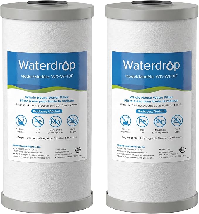Waterdrop WF10F Whole House Water Filter, Iron Filter, Compatible with WHF21-FG, Reduces Iron & Manganese Filter Cartridge, 6 Months, 2 Pack