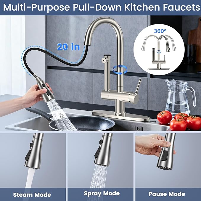 FEELSO Filter Kitchen Faucet, Stainless Steel Pull Down Sprayer, Reduces Lead Chlorine, High Arc 1 or 3 Hole Farmhouse Sink Faucet