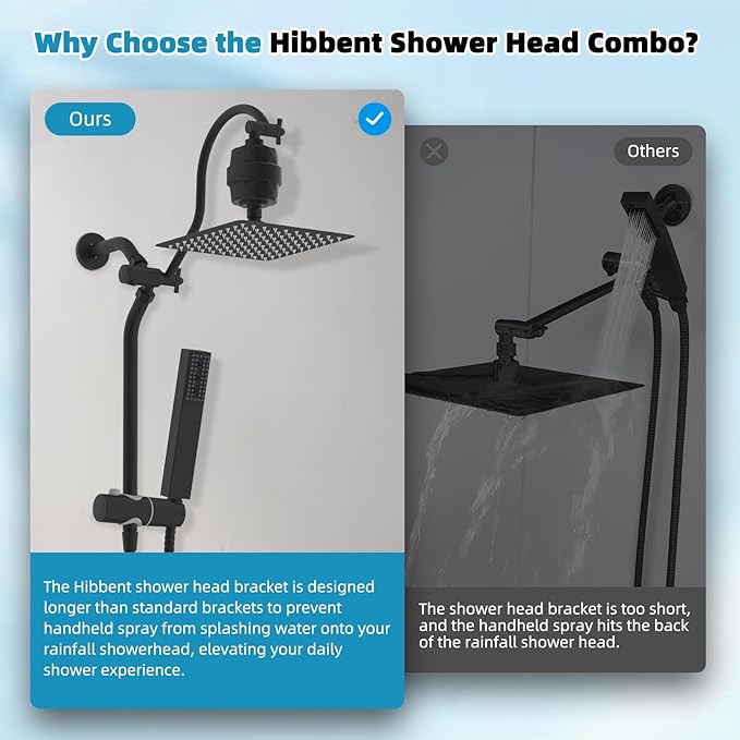 Hibbent All Metal 10'' Filtered Rainfall Shower Head, High Pressure Showerhead combo with 4-mode Handheld Spray, 12'' Extension Arm, Extension Bar with Holder, Shower Filter, Matte Black
