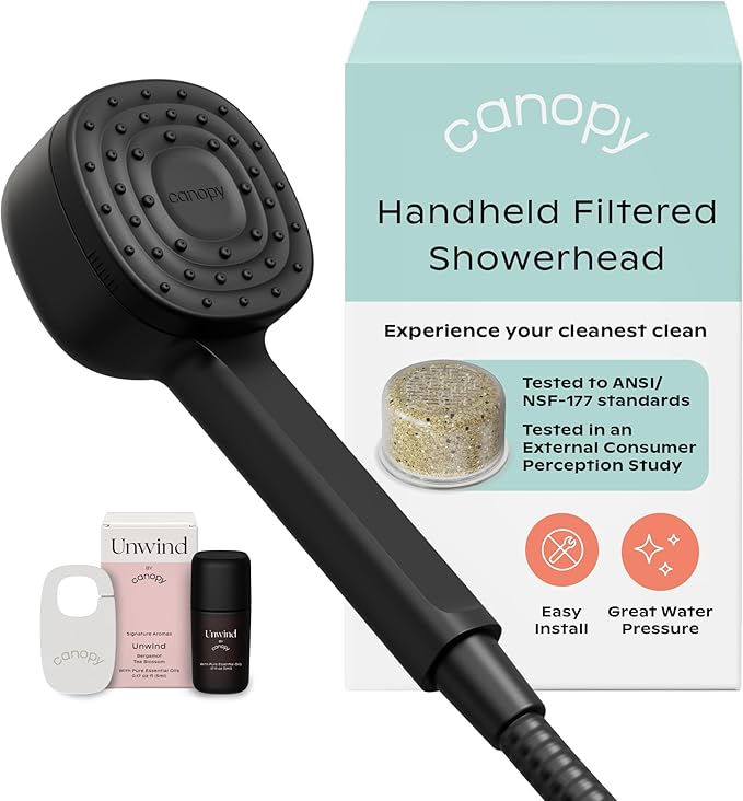 Canopy Handheld Filtered Shower Head & Scalp Massager - High Pressure Shower Head Filter for Hard Water - Shower Filter To Remove Impurities for Healthier Scalp, Skin & Hair - Hair Growth - Black