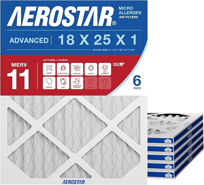Aerostar 18x25x1 MERV 11 Pleated Air Filter, 6 Pack, AC Furnace Filters, HVAC Filter, Air Conditioner Filters, Heater Filters Replacement for Home (Actual Size: 17.5x24.5x0.75)