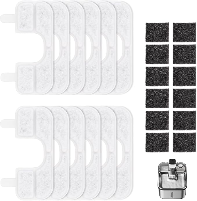 12 Pack Cat Water Fountain Filters Replacement & Pump Sponges Filter Compatible with Qinliy Q108 123oz/3.5L Wireless Cat Water Fountain, High Filtration Cat Water Filter