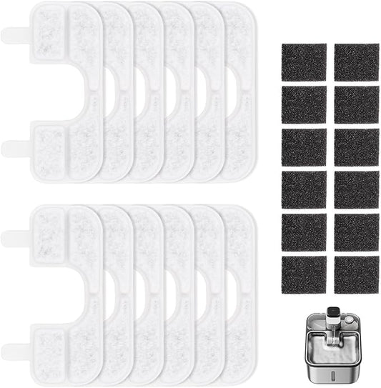 12 Pack Cat Water Fountain Filters Replacement & Pump Sponges Filter Compatible with Qinliy Q108 123oz/3.5L Wireless Cat Water Fountain, High Filtration Cat Water Filter