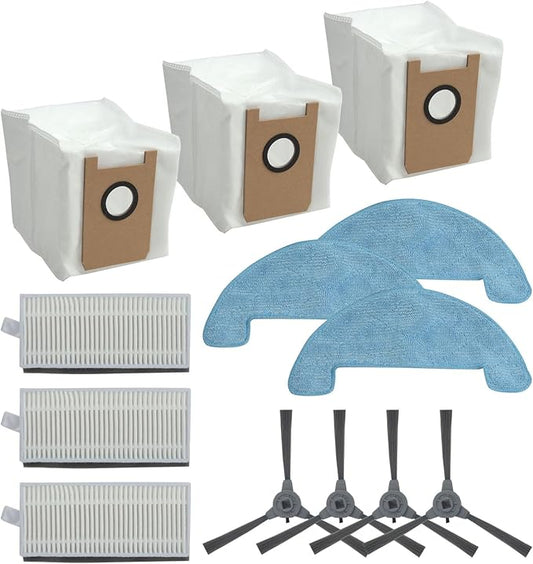 13Pcs Vacuum Parts For Loorow AT800 3-In-1 Robot Vacuum Accessories, 4 Side Brushes 3 Filters 3 Mop Pads 3 Dust Bags For Loorow AT800 3-In-1 Robot Cleaner Replacement Parts Set