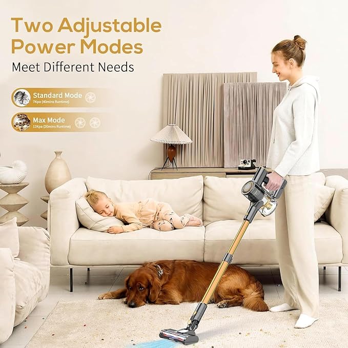 MBTTODF Cordless Vacuum Cleaner for Home & Pet Hair – Lightweight Stick Vacuum with 40-Min Runtime, Anti-Tangle Brush & LED Headlight, for Hardwood, Carpet & Tile(Golden)