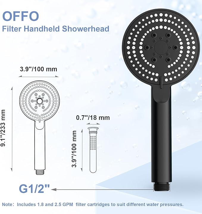 OFFO Handheld Shower Head with Filter, 20 Stage Shower Head with Filters for Hard Water, 4” Face High Pressure 6-Mode Shower Head to Remove Chlorine, Matte Black