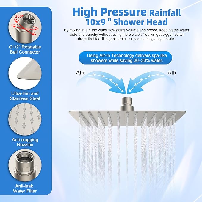 All-Metal 10" High-Pressure Rain Shower Head with Handheld- 10-Spray Power Wash with Shower Filter, Easy Reach 4-Way Diverter with Pause Mode, Adjustable 16" Extension Arm/ 71" Hose, Brushed Nickel