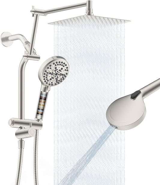 All-Metal 10" High-Pressure Rain Shower Head with Handheld- 10-Spray Power Wash with Shower Filter, Easy Reach 4-Way Diverter with Pause Mode, Adjustable 16" Extension Arm/ 71" Hose, Brushed Nickel