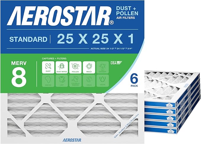 Aerostar 25x25x1 MERV 8 Pleated Air Filter, 6 Pack, AC Furnace Filters, HVAC Filter, Air Conditioner Filters, Heater Filters Replacement for Home (Actual Size: 24.5x24.5x0.75)