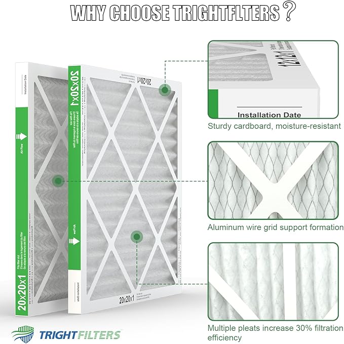 TRIGHTFILTERS 20x20x1 Air Filter 4 Pack, MERV 8 Pleated Dust Defense Air Filters Replacement Air Conditioner HVAC AC Furnace Filter, Durable and Lightweight